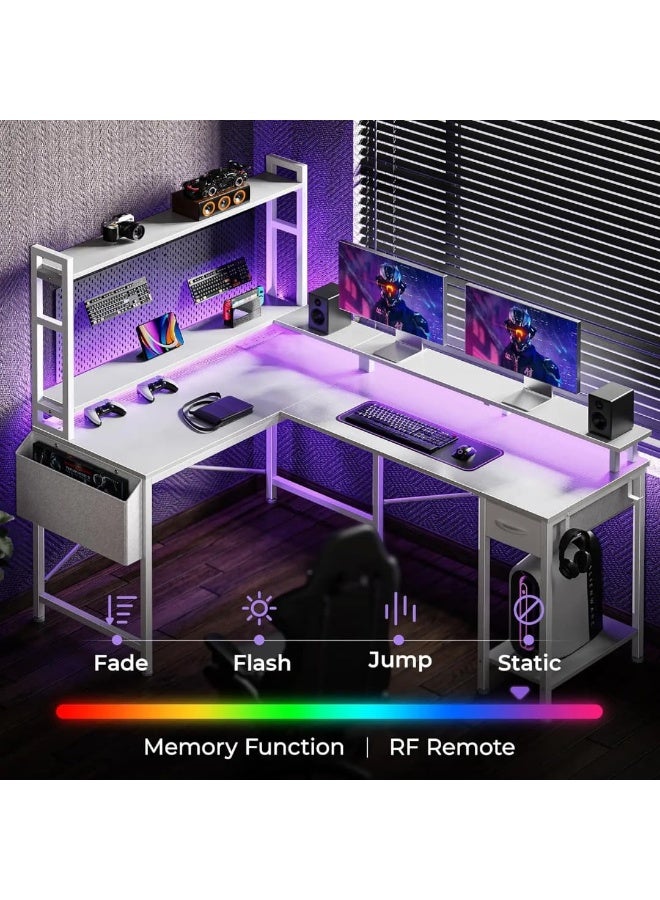 طاولة ألعاب و مكتب منزلي بشكل حرف L مع اضاءة RGB و منافذ طاقة ابيض - Image 1
